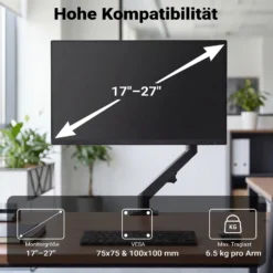 Wiltec Monitorhalterung mit Gasdruckfeder für Monitor 17-27 Zoll Tischhalterung VESA 75x75/100x100