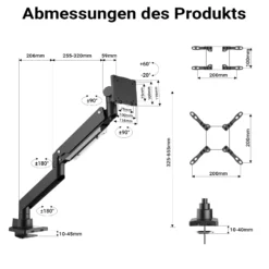 Wiltec Monitorhalterung mit VESA-Platte und -Adapter für flache & gebogene Monitore, Bildschirmhalterung bis 26 kg, Monitorhalter mit Tischklemme