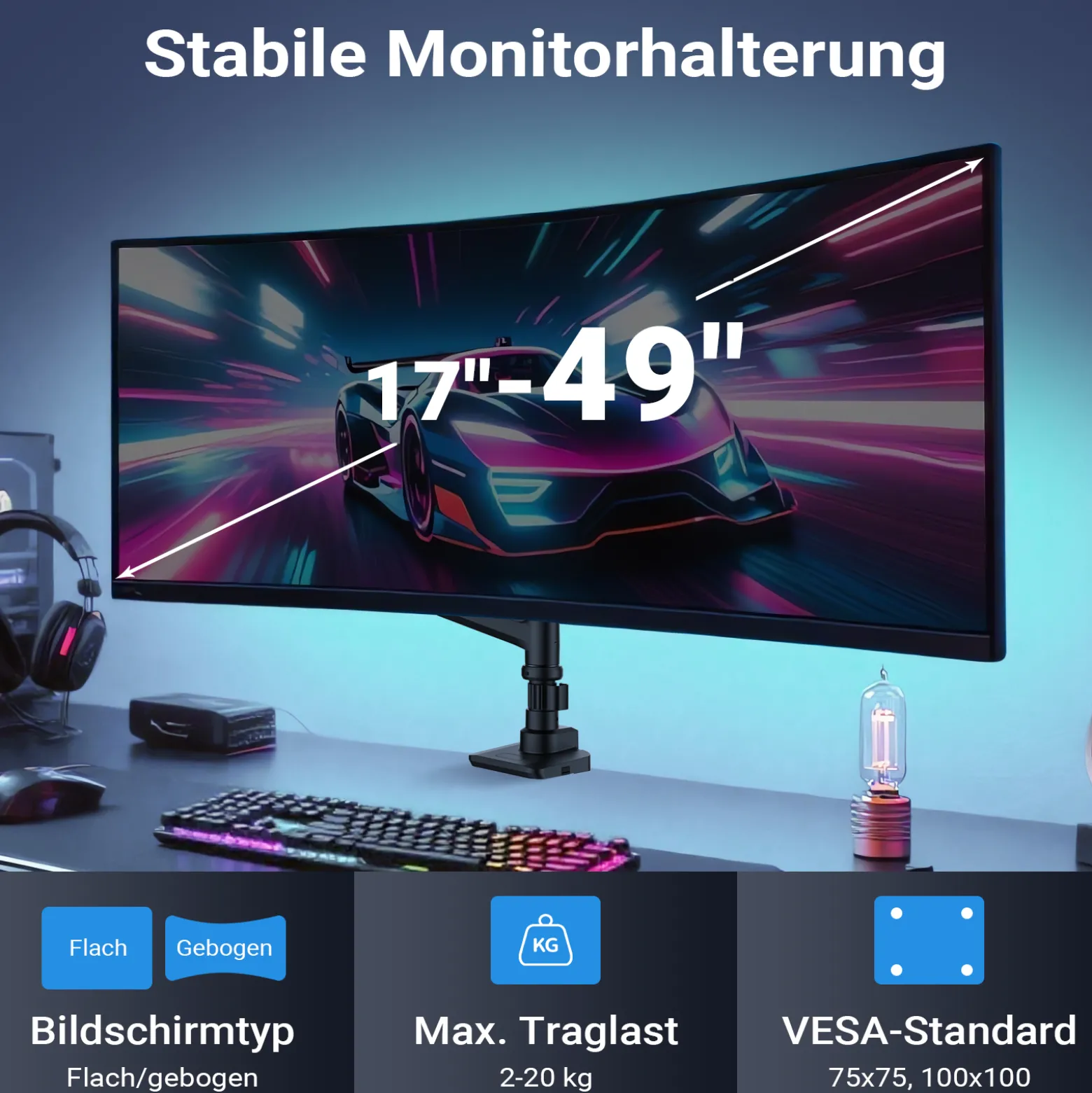 Wiltec Monitorhalterung Schreibtisch mit VESA-Platte für flache & gebogene Monitore, Bildschirmhalterung bis 20 kg, Monitorhalter mit Tischklemme