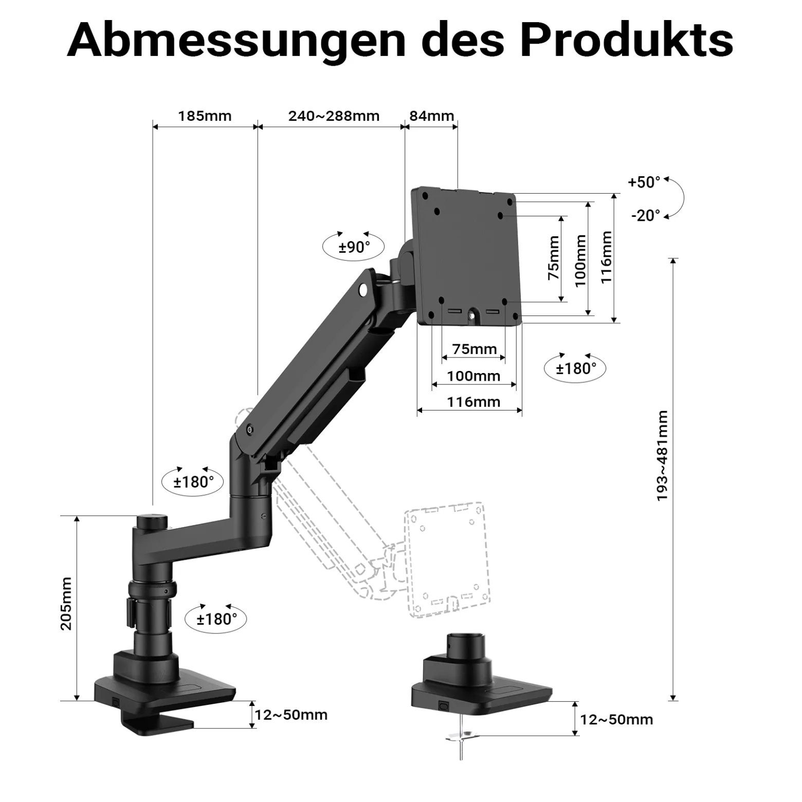 Wiltec Monitorhalterung Schreibtisch mit VESA-Platte für flache & gebogene Monitore, Bildschirmhalterung bis 20 kg, Monitorhalter mit Tischklemme