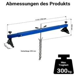 Wiltec Motorbrücke bis zu 300 kg Kotflügeltraverse 111-179 x 23 x 35 cm, Motorhalter für Reparaturen an Motoren, Motorheber für Auto, Hebekran aus Stahl