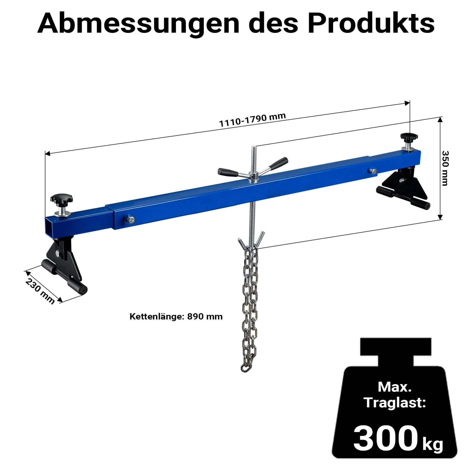 Wiltec Motorbrücke bis zu 300 kg Kotflügeltraverse 111-179 x 23 x 35 cm, Motorhalter für Reparaturen an Motoren, Motorheber für Auto, Hebekran aus Stahl
