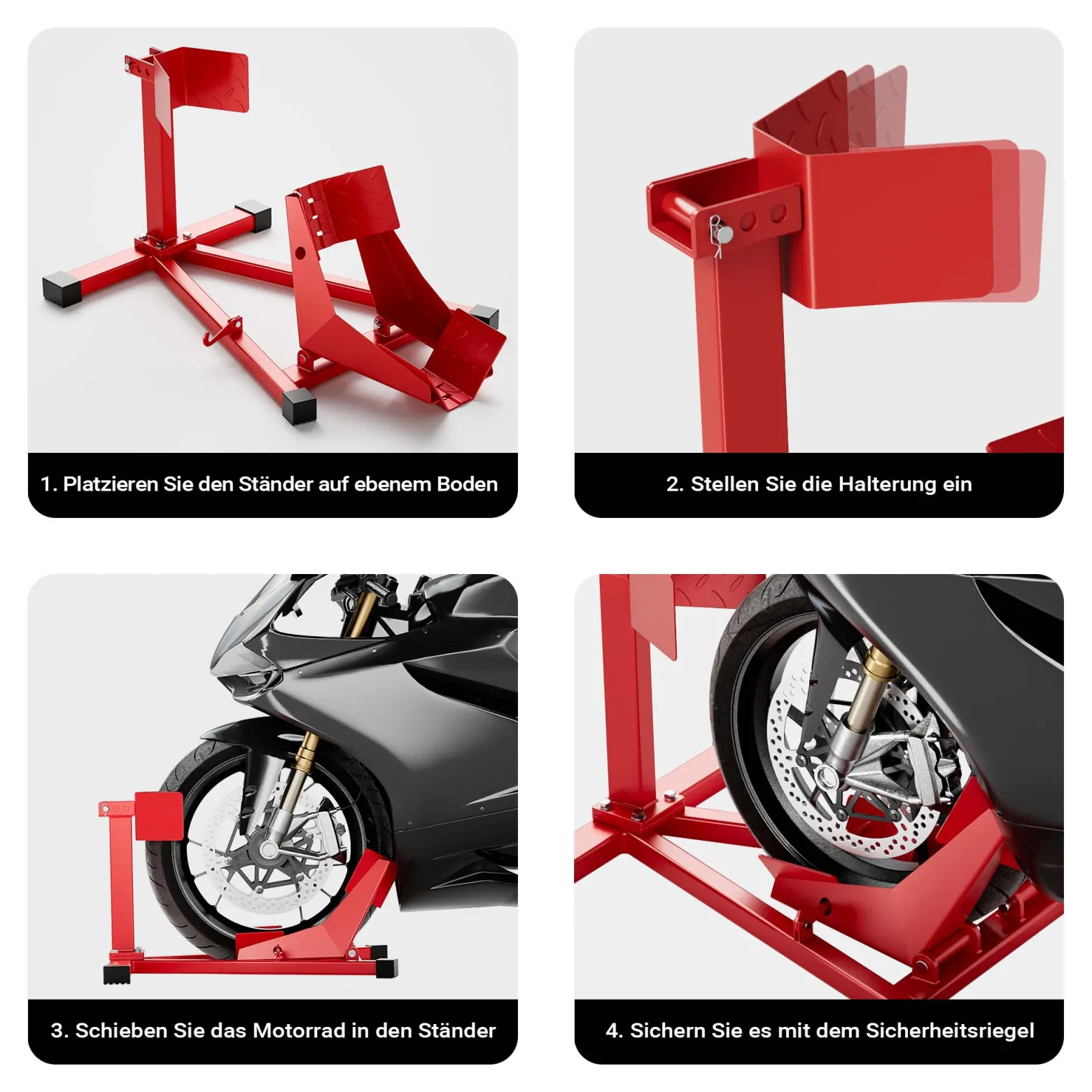 Wiltec Motorradständer vorne für 17-21" 60-160 mm Reifen, 670 x 480 mm, als Montagehilfe aus Stahl mit Gummifüßen für Vorderrad, Motorradheber