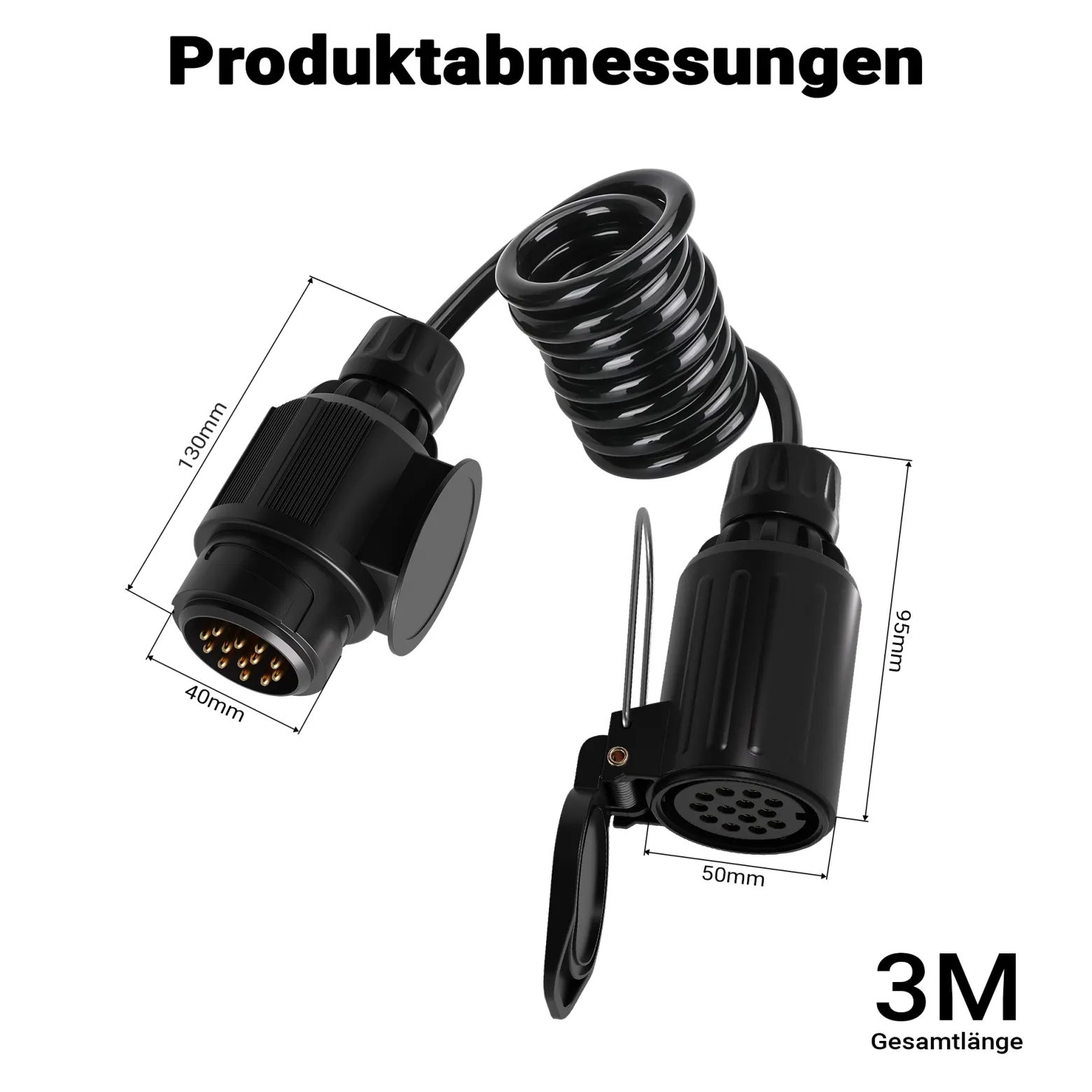 Wiltec 3 m Spiralkabel 13-polig auf 13-polig, Anhängerkabel Verlängerung mit Kunststoffstecker und Buchse, flexibles Kabel für Anhänger, PKW und Transporter