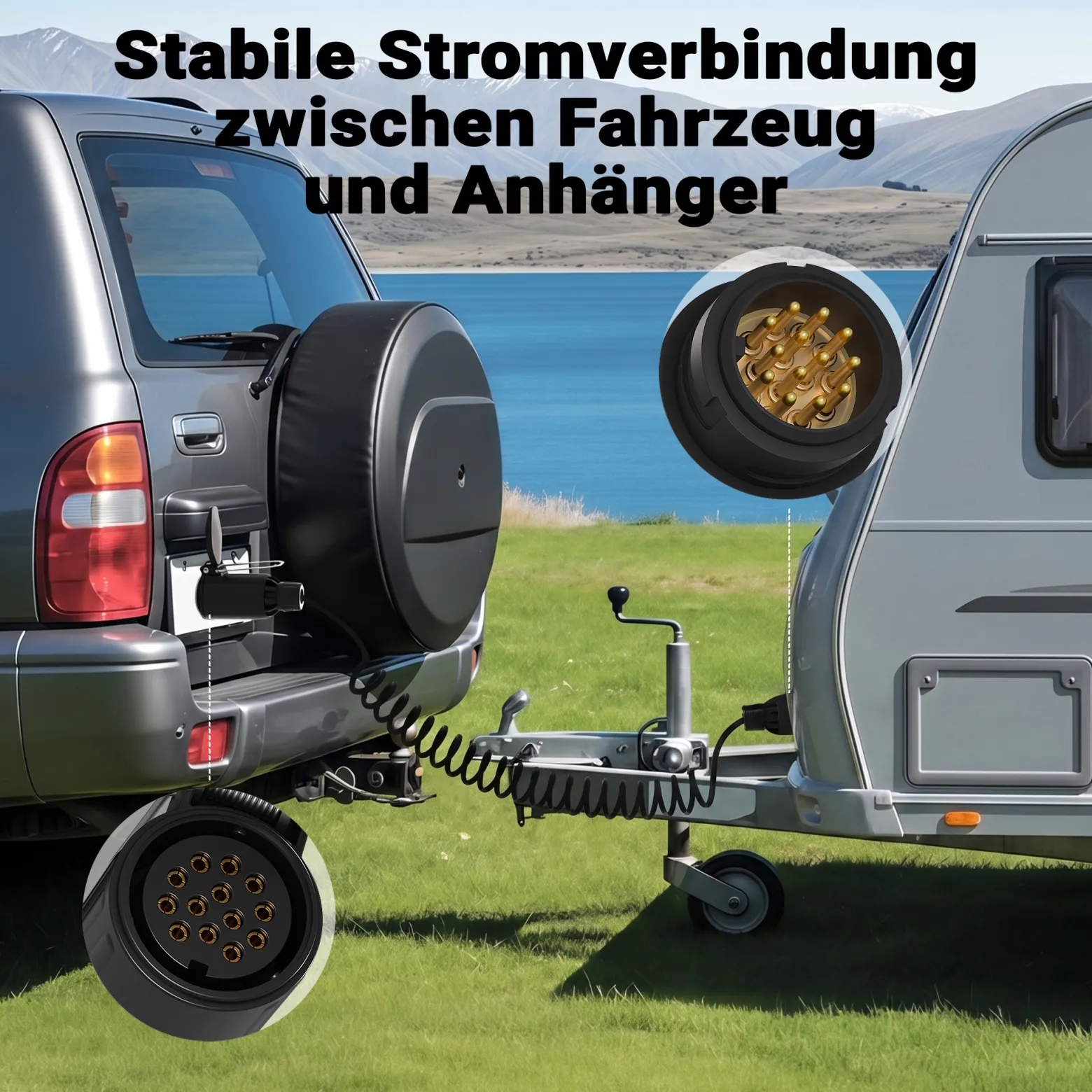 Wiltec 3 m Spiralkabel 13-polig auf 13-polig, Anhängerkabel Verlängerung mit Kunststoffstecker und Buchse, flexibles Kabel für Anhänger, PKW und Transporter