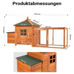Wiltec Nagerhaus 1950 x 635 x 1200 mm, Hasenstall aus Fichtenholz, mit Bitumeneindeckung, Hühnerstall mit Nistkasten, Kleintierhaus Freilauf Gehege
