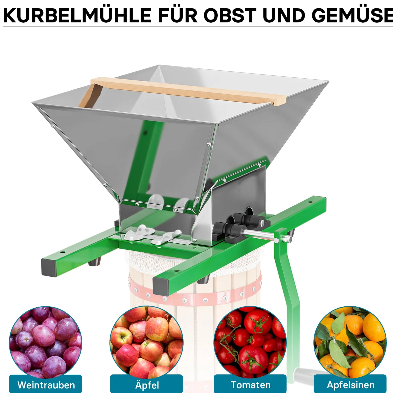 Wiltec Obstmühle mit 7L Trichter und Handkurbel Obsthäcksler leicht zu reinigen für Saftpresse Obstpresse zur Herstellung von Saft Würze oder Most