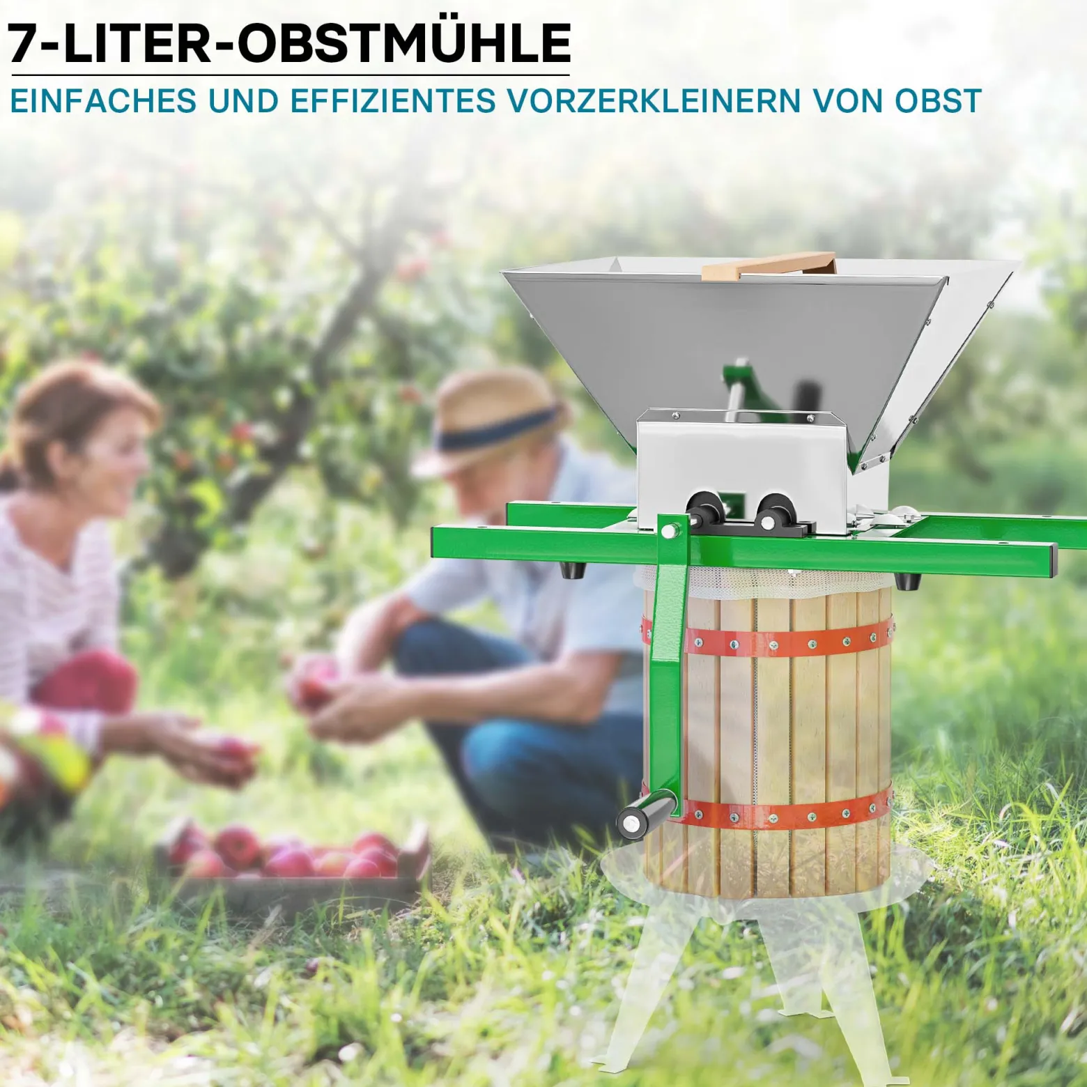 Wiltec Obstmühle mit 7L Trichter und Handkurbel Obsthäcksler leicht zu reinigen für Saftpresse Obstpresse zur Herstellung von Saft Würze oder Most