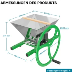 Wiltec Obstmühle mit 7L Trichter und runder Handkurbel Obsthäcksler leicht zu reinigen für Saftpresse Obstpresse zur Herstellung von Saft Würze oder Most