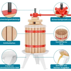 Wiltec Obstpresse 18L Maischepresse mit 3 passenden Presstüchern Weinpresse aus Holz Apfelpresse Saftpresse
