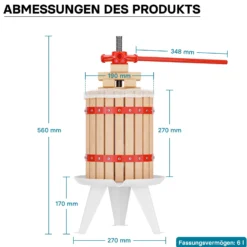 Wiltec Obstpresse 6L Maischepresse mit 3 passenden Presstüchern Weinpresse aus Holz Apfelpresse Saftpresse