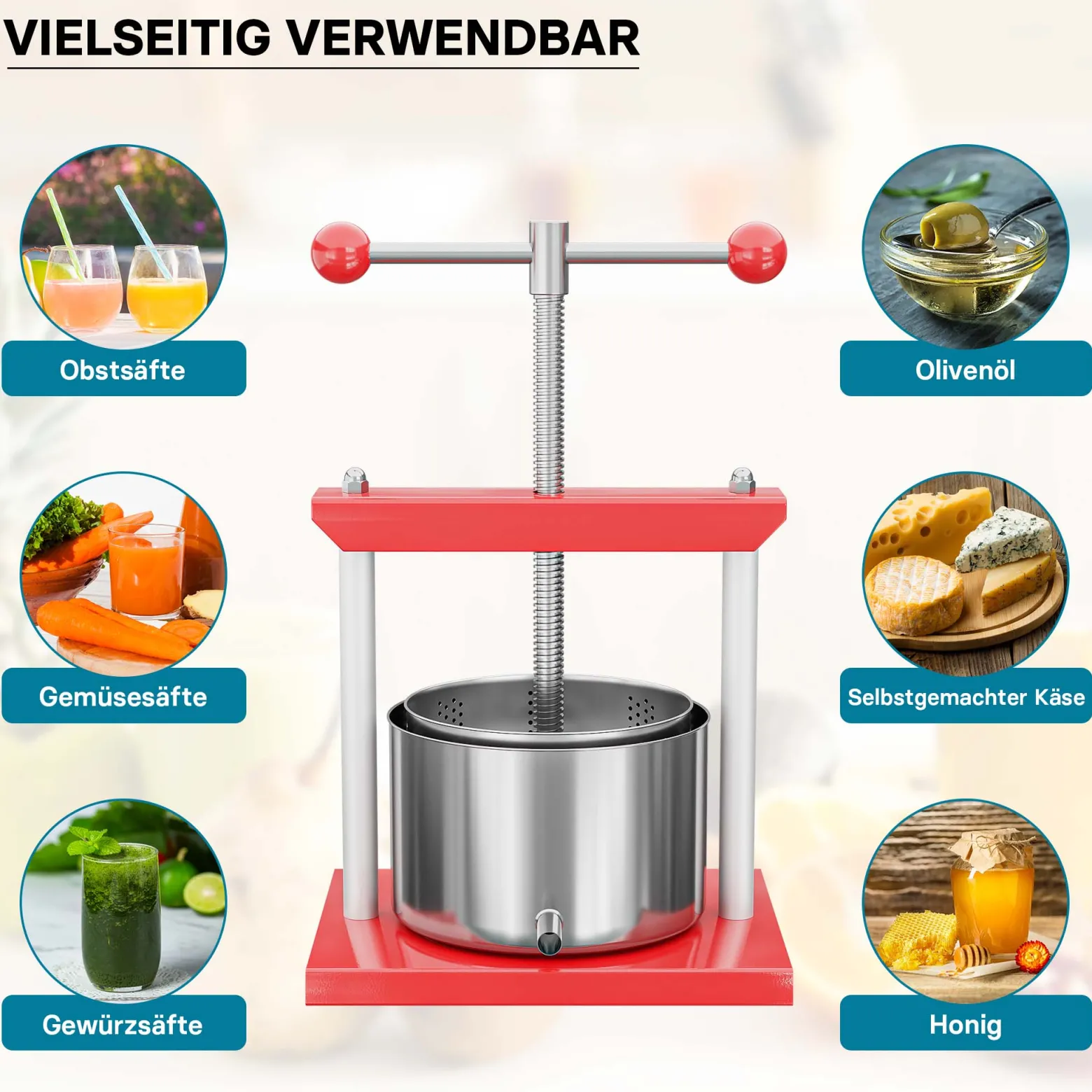 Wiltec Obstpresse 6L Weinpresse aus Stahl Edelstahlkorb Fruchtpresse mit 2-armigen Drehgriff Saftpresse Beerenpresse
