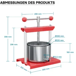 Wiltec Obstpresse 6L Weinpresse aus Stahl Edelstahlkorb Fruchtpresse mit 2-armigen Drehgriff Saftpresse Beerenpresse