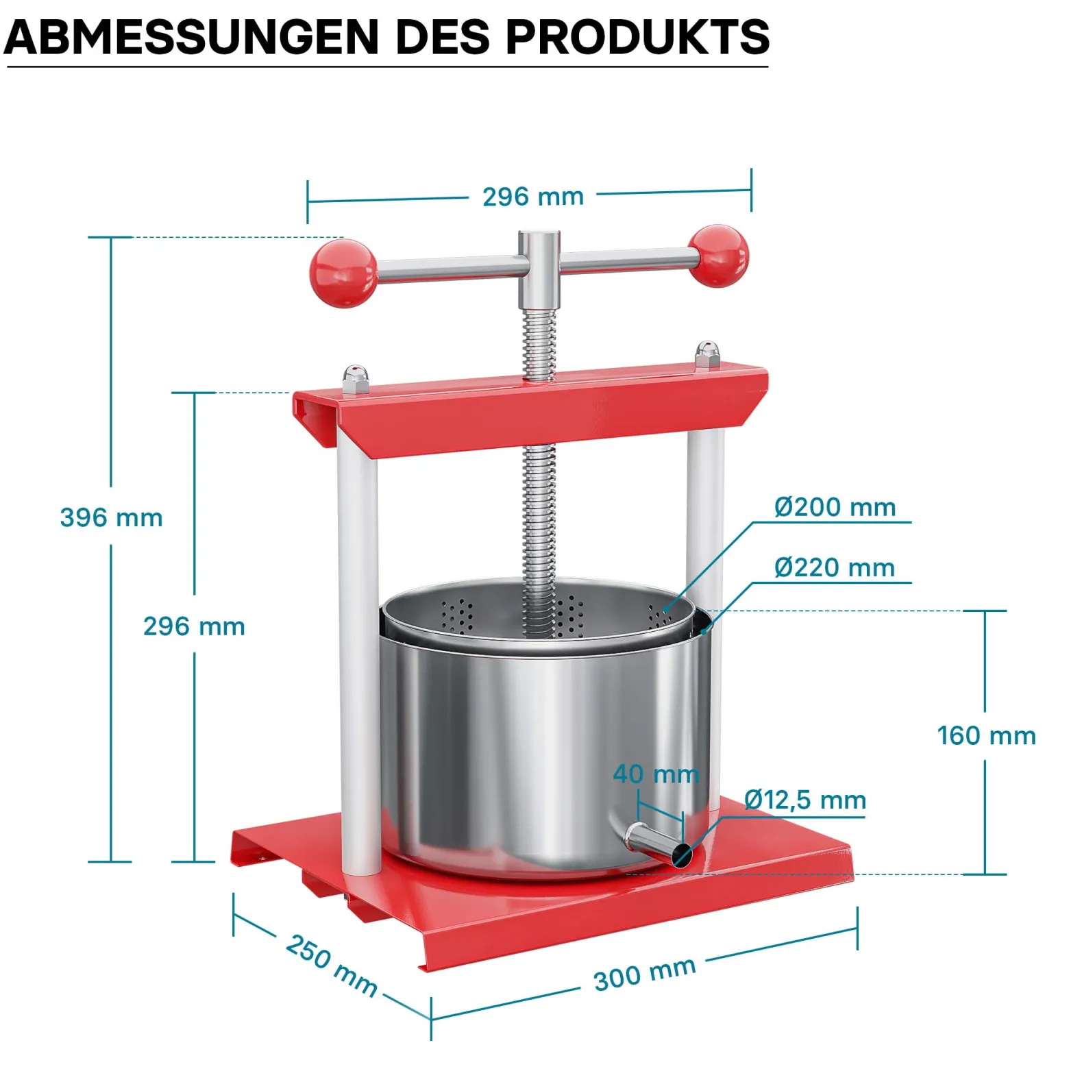 Wiltec Obstpresse 6L Weinpresse aus Stahl Edelstahlkorb Fruchtpresse mit 2-armigen Drehgriff Saftpresse Beerenpresse