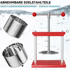 Wiltec Obstpresse 6L Weinpresse aus Stahl Edelstahlkorb Fruchtpresse mit 2-armigen Drehgriff Saftpresse Beerenpresse