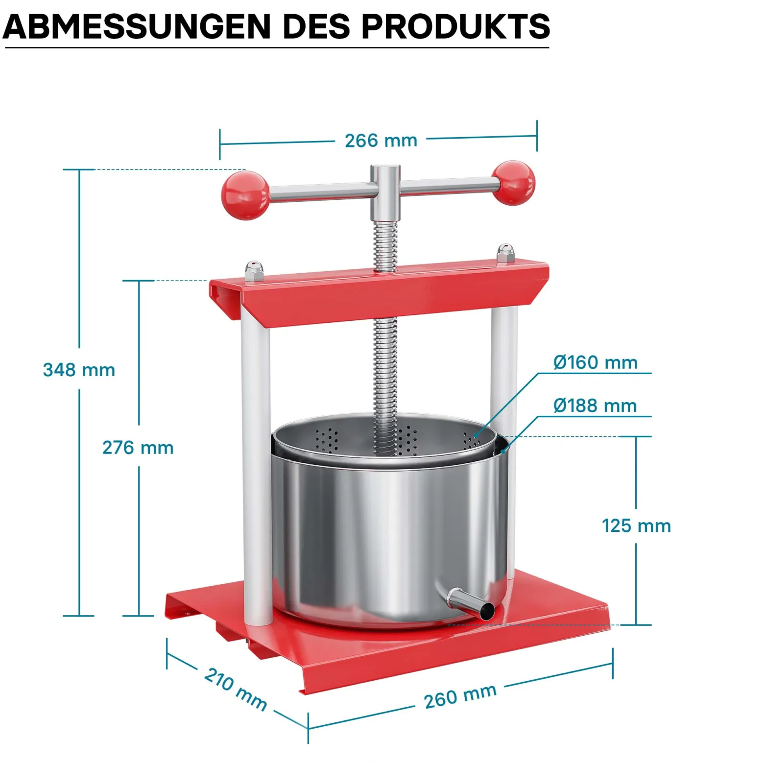 Wiltec Obstpresse 3L Weinpresse aus Stahl Edelstahlkorb Fruchtpresse mit 2-armigen Drehgriff Saftpresse Beerenpresse