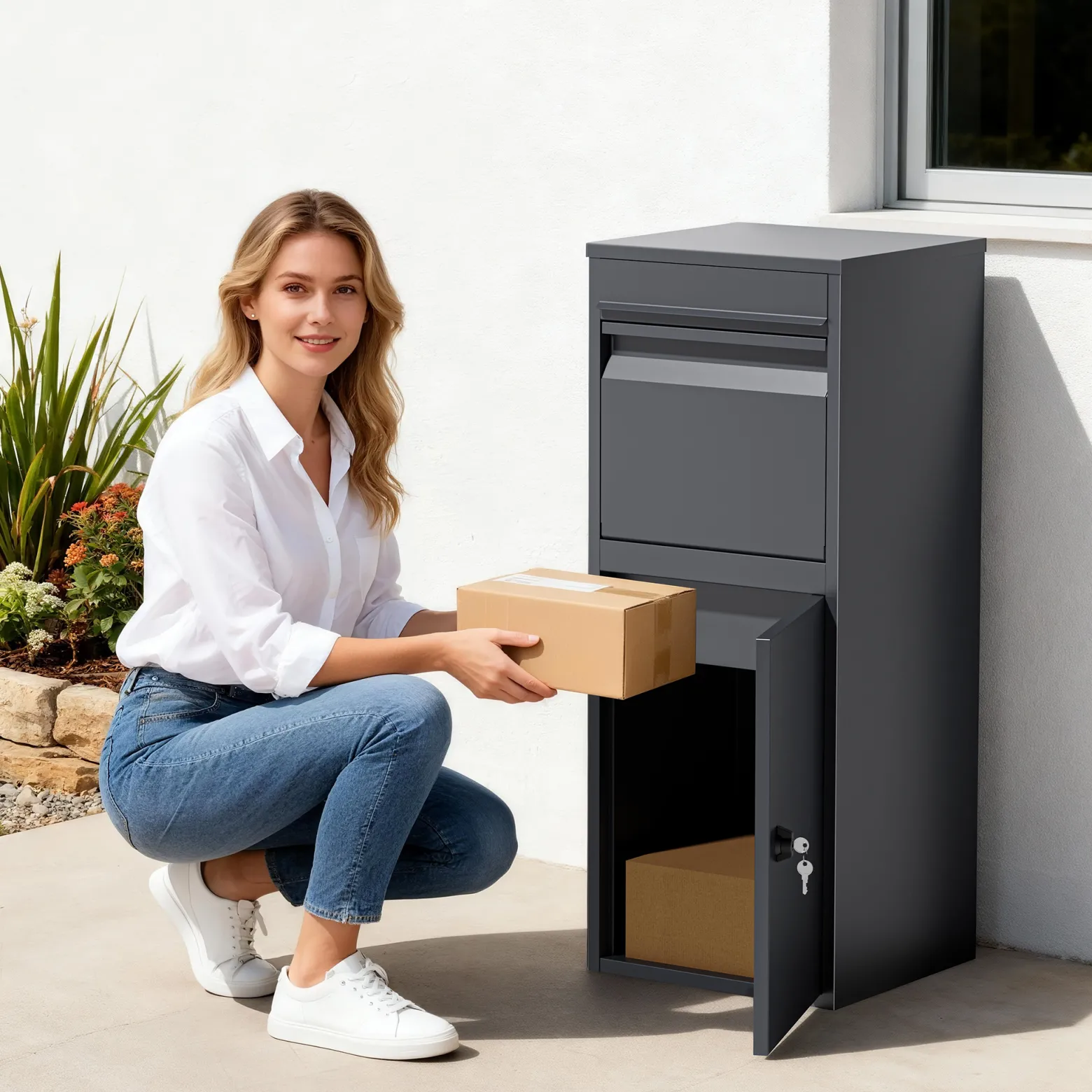 Wiltec Paketkasten anthrazit 410 x 380 x 1020 mm, Paketbox Zuhause, private Paketannahme passend für Pakete und Päckchen, Standbriefkasten Stahl