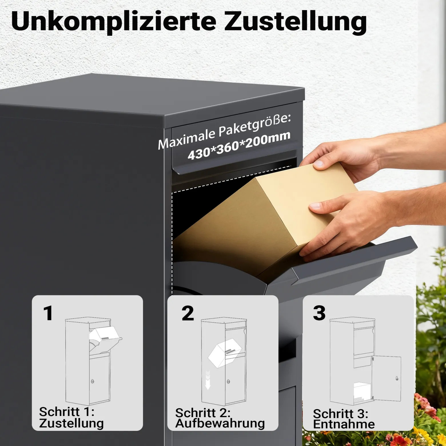 Wiltec Paketkasten anthrazit 410 x 380 x 1020 mm, Paketbox Zuhause, private Paketannahme passend für Pakete und Päckchen, Standbriefkasten Stahl