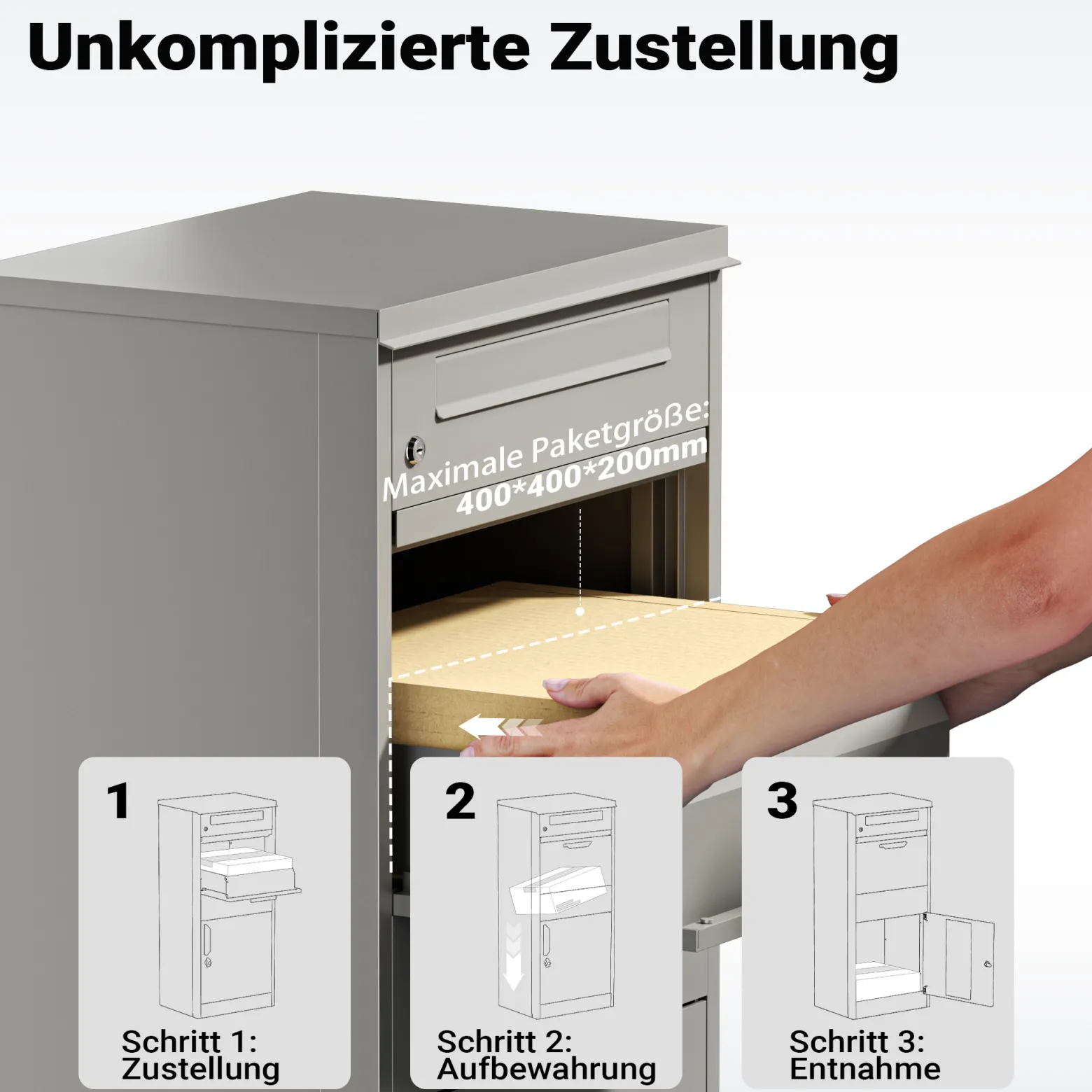 Wiltec Paketkasten grau 500 x 370 x 1120 mm, Paketbox Zuhause, private Paketannahme passend für Pakete und Päckchen, Standbriefkasten Stahl