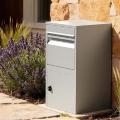 Wiltec Paketkasten grau 410 x 380 x 720 mm Paketbox aus Stahl mit Pulverbeschichtung abschließbarer Standbriefkasten für Paketannahme zu Hause Zustellung von Paket, Post, Brief