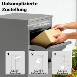 Wiltec Paketkasten grau 410 x 380 x 1020 mm Paketbox aus Stahl mit Pulverbeschichtung abschließbarer Standbriefkasten für Paketannahme zu Hause Zustellung von Paket, Post, Brief
