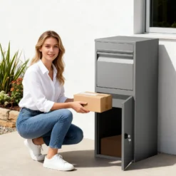 Wiltec Paketkasten grau 410 x 380 x 1020 mm Paketbox aus Stahl mit Pulverbeschichtung abschließbarer Standbriefkasten für Paketannahme zu Hause Zustellung von Paket, Post, Brief