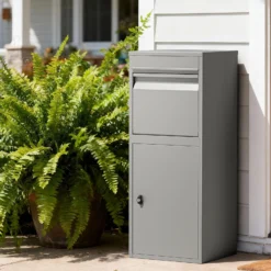 Wiltec Paketkasten grau 410 x 380 x 1020 mm Paketbox aus Stahl mit Pulverbeschichtung abschließbarer Standbriefkasten für Paketannahme zu Hause Zustellung von Paket, Post, Brief