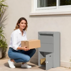 Wiltec Paketkasten grau 410 x 220 x 750 mm Paketbox aus Stahl mit Pulverbeschichtung abschließbarer Standbriefkasten für Paketannahme zu Hause Zustellung von Paket, Post, Brief