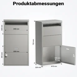 Wiltec Paketkasten grau 410 x 220 x 750 mm Paketbox aus Stahl mit Pulverbeschichtung abschließbarer Standbriefkasten für Paketannahme zu Hause Zustellung von Paket, Post, Brief
