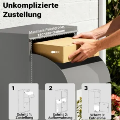 Wiltec Paketkasten grau 410 x 220 x 750 mm Paketbox aus Stahl mit Pulverbeschichtung abschließbarer Standbriefkasten für Paketannahme zu Hause Zustellung von Paket, Post, Brief