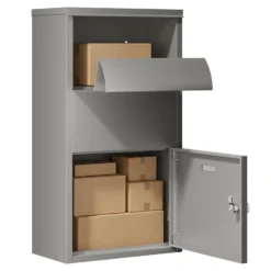 Wiltec Paketkasten grau 410 x 220 x 750 mm Paketbox aus Stahl mit Pulverbeschichtung abschließbarer Standbriefkasten für Paketannahme zu Hause Zustellung von Paket, Post, Brief