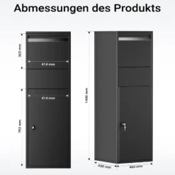 Wiltec Paketkasten schwarz 460 x 450 x 1400 mm, Paketbox Zuhause, private Paketannahme passend für Pakete der Größe S und L, Standbriefkasten