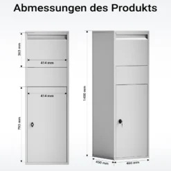 Wiltec Paketkasten silberfarben 460 x 450 x 1400 mm, Paketbox Zuhause, private Paketannahme passend für Pakete der Größe S und L, Standbriefkasten