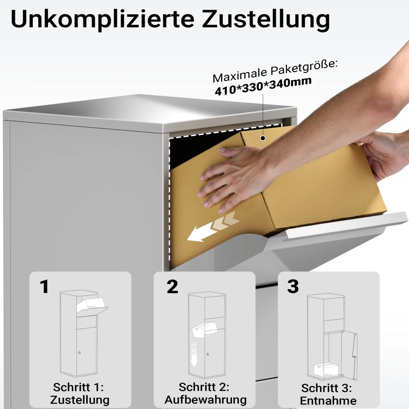 Wiltec Paketkasten silberfarben 460 x 450 x 1400 mm, Paketbox Zuhause, private Paketannahme passend für Pakete der Größe S und L, Standbriefkasten
