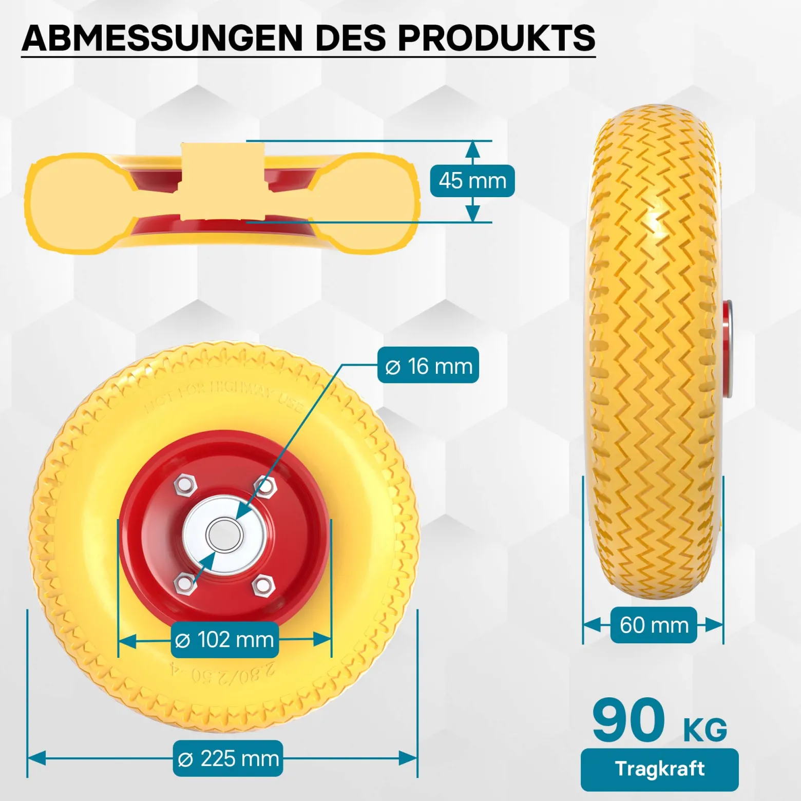 Wiltec Pannensicheres PU Rad 2.80/2.50-4 60 x 230 mm 90 kg, Polyurethan Vollgummi Schubkarren Komplettrad mit Stahlfelge, Schubkarrenrad pannensicher