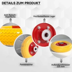 Wiltec Pannensicheres PU Rad 2.80/2.50-4 60 x 230 mm 90 kg, Polyurethan Vollgummi Schubkarren Komplettrad mit Stahlfelge, Schubkarrenrad pannensicher
