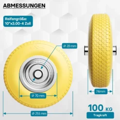 Wiltec Pannensicheres PU Rad 3.00-4 75 x 255 mm 100 kg, Polyurethan Vollgummi Schubkarren Komplettrad mit Stahlfelge, Schubkarrenrad pannensicher
