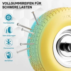 Wiltec Pannensicheres PU Rad 3.00-4 75 x 255 mm 100 kg, Polyurethan Vollgummi Schubkarren Komplettrad mit Stahlfelge, Schubkarrenrad pannensicher