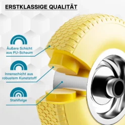 Wiltec Pannensicheres PU Rad 3.00-4 75 x 255 mm 100 kg, Polyurethan Vollgummi Schubkarren Komplettrad mit Stahlfelge, Schubkarrenrad pannensicher