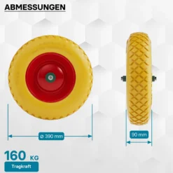 Wiltec Pannensicheres PU Rad 4.8/4.00-8 90 x 390 mm 160 kg, Polyurethan Vollgummi Schubkarren Komplettrad mit Steckachse, Schubkarrenrad pannensicher