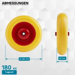 Wiltec Pannensicheres PU Rad 4.8/4.00-8 90 x 392 mm 180 kg, Polyurethan Vollgummi Schubkarren Komplettrad mit Stahlfelge, Schubkarrenrad pannensicher