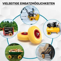 Wiltec Pannensicheres PU Rad 3.00-4 75 x 260 mm 105 kg, Polyurethan Vollgummi Schubkarren Komplettrad mit Steckachse, Schubkarrenrad pannensicher