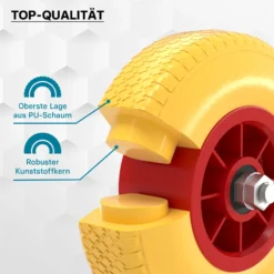 Wiltec Pannensicheres PU Rad 3.00-4 75 x 260 mm 105 kg, Polyurethan Vollgummi Schubkarren Komplettrad mit Steckachse, Schubkarrenrad pannensicher