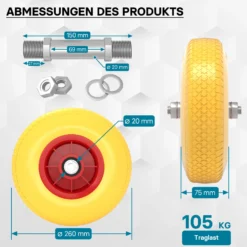 Wiltec Pannensicheres PU Rad 3.00-4 75 x 260 mm 105 kg, Polyurethan Vollgummi Schubkarren Komplettrad mit Steckachse, Schubkarrenrad pannensicher