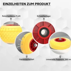 Wiltec Pannensicheres PU Rad 3.00-4 75 x 260 mm 105 kg, Polyurethan Vollgummi Schubkarren Komplettrad mit Steckachse, Schubkarrenrad pannensicher