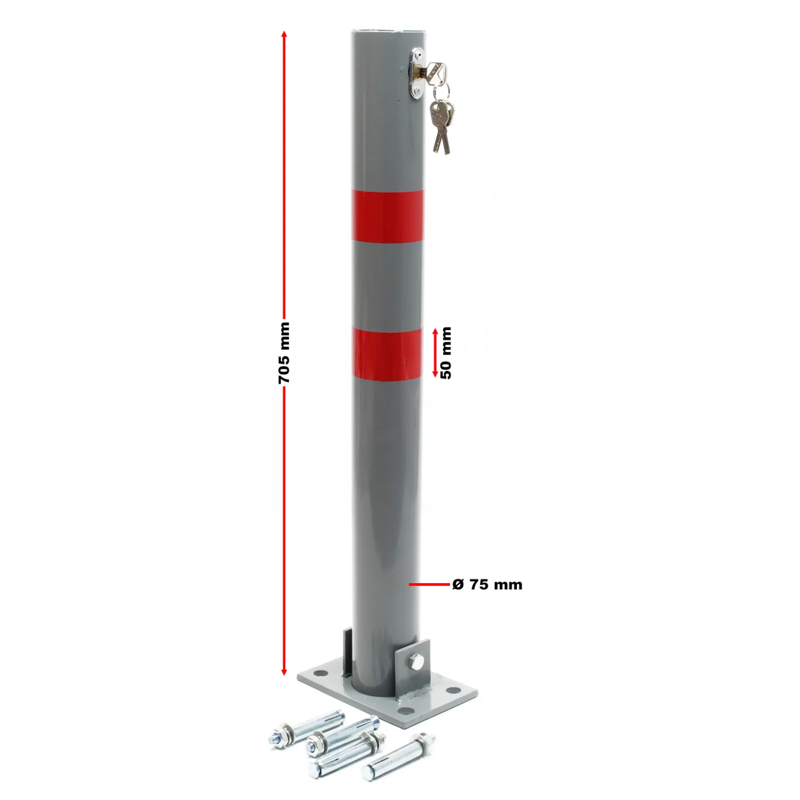 Wiltec Parkpfosten 705 x 75 mm, Parkplatzsperre klappbar rund, Absperrpfosten aus Stahl, Parkpfosten, Poller
