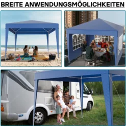 Wiltec Pavillon 3 x 3 m in Blau mit UV-Schutz 50+, Gartenpavillon mit abnehmbaren Seiten, Partyzelt mit Fenstern für z. B. Terrasse und Festival