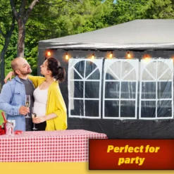 Wiltec Pavillon 3 x 6 m in Grau mit UV-Schutz 50+, Gartenpavillon mit aufrollbaren Seiten, Partyzelt mit Fenstern für z. B. Terrasse und Festival
