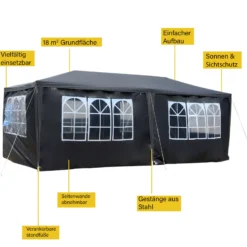 Wiltec Pavillon 3 x 6 m in Grau mit UV-Schutz 50+, Gartenpavillon mit aufrollbaren Seiten, Partyzelt mit Fenstern für z. B. Terrasse und Festival