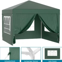 Wiltec Pavillon 3 x 3 m in Grün mit UV-Schutz 50+, Gartenpavillon mit abnehmbaren Seiten, Partyzelt mit Fenstern für z. B. Terrasse und Festival